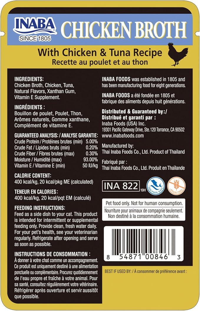 INABA Chicken Broth, Side Dish/Topper for Cats with Vitamin E, 1.76 Ounce Pouch, 8 Pouches Total, Chicken and Tuna Recipe