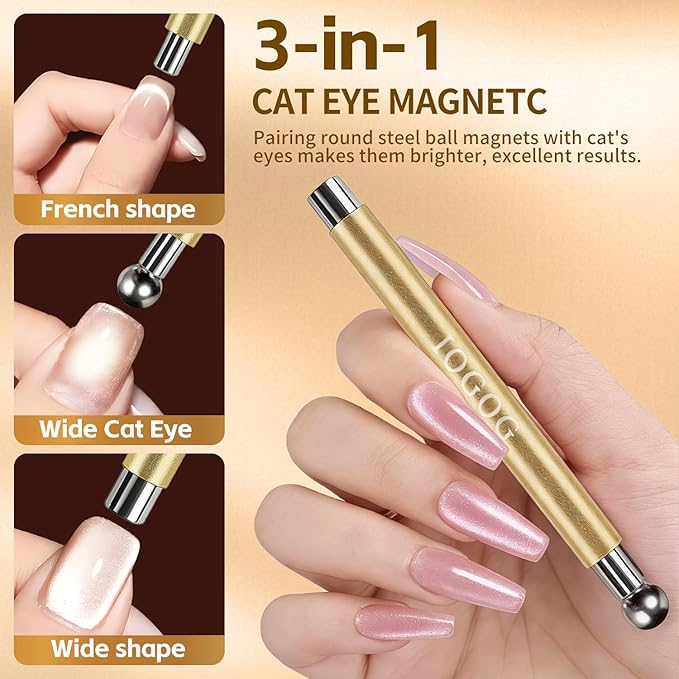 4Pcs Cat Eye Magnet Set – 2 Powerful Double-Ended Nail Magnet Pens & 2 Heart Nail Magnets for Nail Art, Create French, Floral & Heart Effects, Magnet for Cat Eye Gel Nail Polish, Home DIY