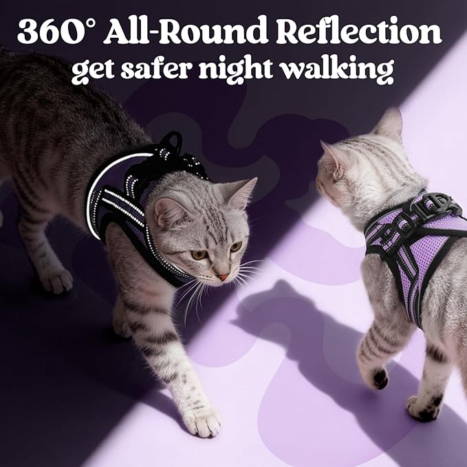 rabbitgoo Cat Harness and Leash Set for Walking Escape Proof, Adjustable Soft Kittens Vest with Reflective Strip for Cats, Comfortable Outdoor Vest, Light Purple, L