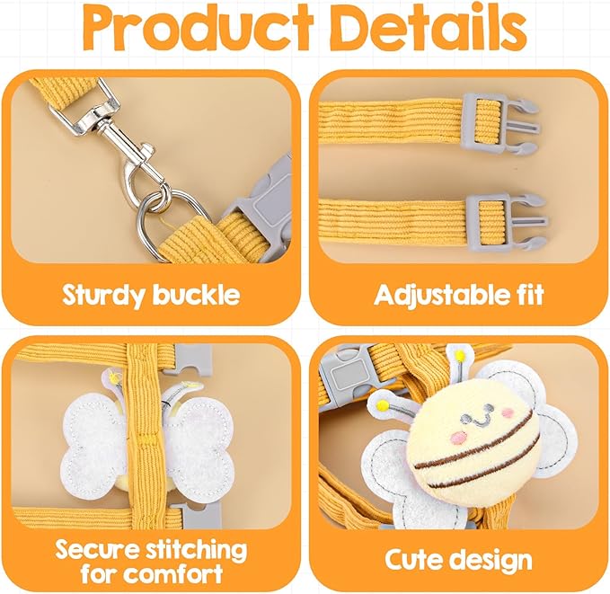 Cat Collar and Leash Set, Yellow Bee Pattern,Escape Proof Adjustable Kitten Harness, Soft Breathable Mesh for Small Cats, Bunnies, Rabbits