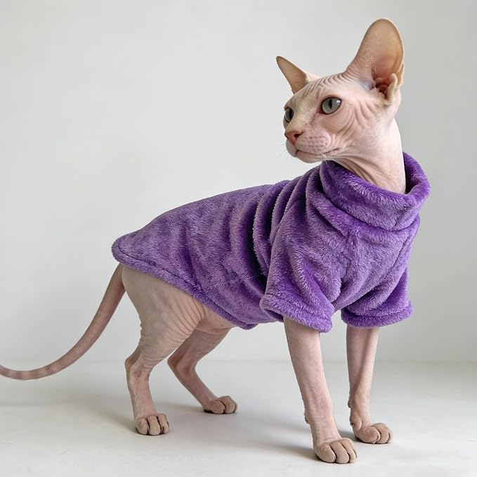 Turtleneck Sphynx Cat Clothes for Cats Only, Fleece Sphynx Hairless Cat Clothes Sweaters,Sphinx Kitten Winter Coat Outfits Apparel Costume for Cornish Rex and Devon Rex,Purple,XL