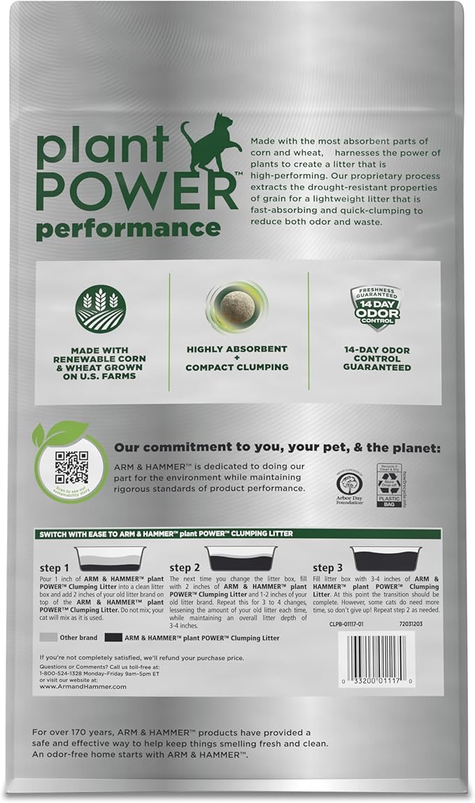 ARM & Hammer Plant Power Lightweight Plant-Based Clumping Cat Litter for Multi-Cat Homes, 14-Day Odor Control, Highly Absorbent Natural Grain Formula, Unscented 15 Lbs
