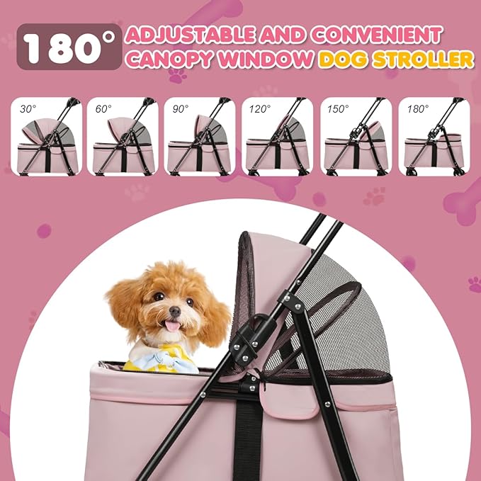 Dog Stroller, 4 Wheels Pet Stroller for Small Dogs & Cats, One-Click Foldable Cat Strollers Up to 33 Ibs with Sun Shades, Cup Holder and Breathable Mesh, Easy Assembly