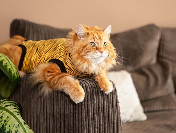 Suitical Cat Recovery Suit for Spay, Neuter, Suture, Incision, & Skin Conditions - Breathable Fabric with Back Opening - 16.9-20.1 Inches Neck to Tail, 23-34 Inches Chest - S, Tiger Print