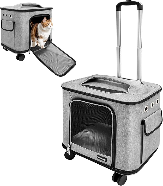 Pet Carrier with Wheels,Rolling Cat Carrier with Adjustable Pull Rod for Travel,Outdoor Use,Airline Approved Dog Carrier with Handle,Gray