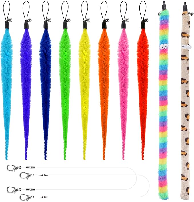 Cat Worm Toy, 12 PCS Cat Wand Toy Accessories Including Worm & Snake Refills Set, 2PCS Replacement String for Cats Fishing Pole Toys, Assorted Feather Toys Attachments Teaser for Indoor Cats Kitten