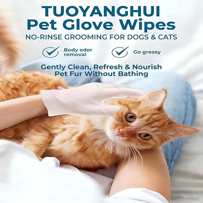 Pet Glove Wipes for Cats & Dogs, No Rinse Deodorizing Cleaning Mittens, Sphynx Cat Supplies, Thickened Hypoallergenic Aloe Vera, Unscented Full Body Grooming, Daily Care & Travel, 18 Count