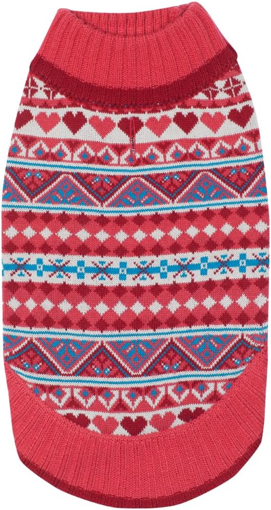 Blueberry Pet Fair Isle Style Sugar Coral Pullover Dog Sweater with Heart, Back Length 20", Pack of 1 Clothes for Dogs