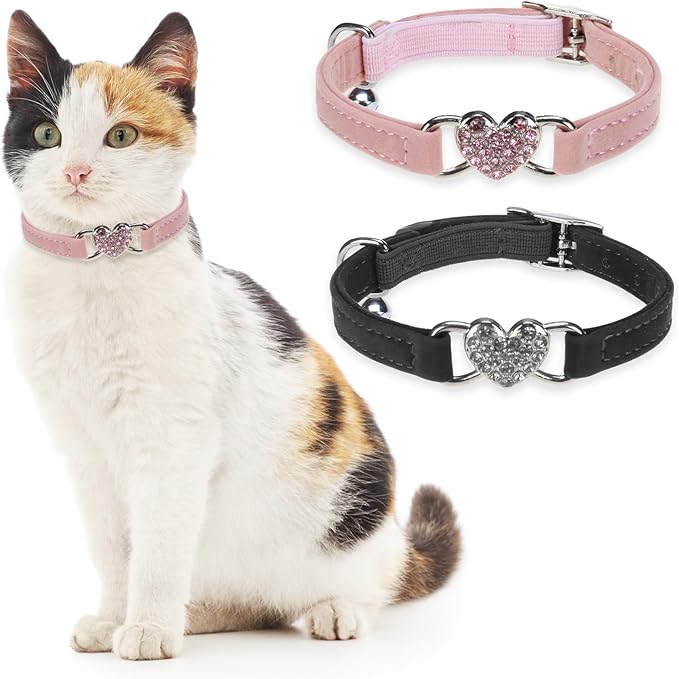 BINGPET 2 Pack Diamond Cat Collar with Bells and Safety Belt, Adjustable Soft Velvet Kitten Collar with Bling Heart Jewelry, Cute Black & Pink Cat Collars for Girls & Boys(Neck Girth 8"-10")