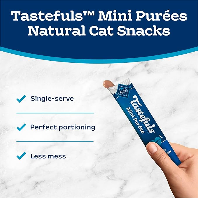 Blue Buffalo Tastefuls Mini Purées Natural Cat Treats, Chicken, Tuna, Salmon Variety Pack, 0.5 oz. Single Servings, 24-Count