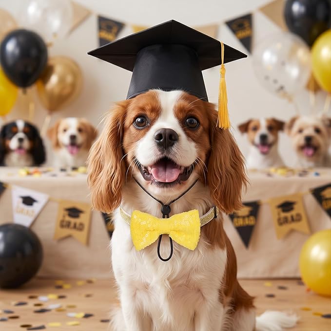 Pet Graduation Cap and Bowtie Set, Adjustable Dog Cat Graduation Hat with Gold Sequin Bowtie for Graduation Party Costume Accessory