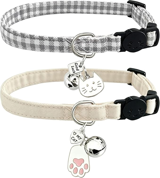 2 Pack Cotton Breakaway Cat Collars with Bell and Charms Beige Solid Plaid Safety Collars for Girl Boy Cats, Cat Head and Paw Pendant Cute Kitten Collars