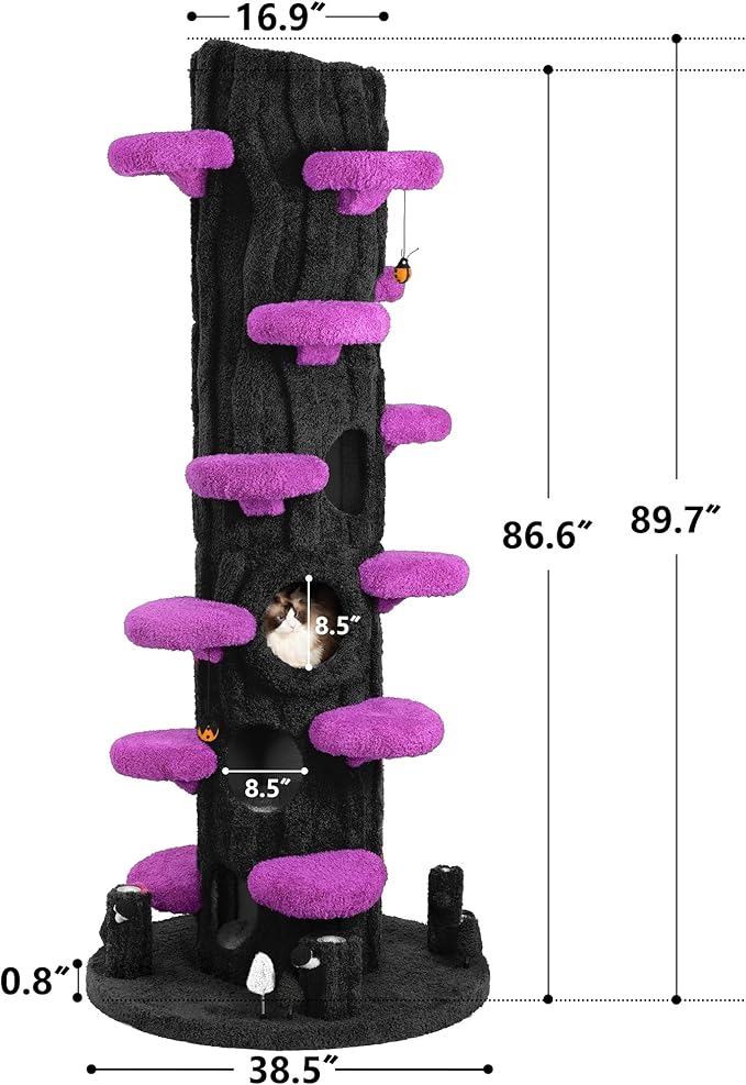 NUNU LAB Large Cat Tree for Indoor Cats, All-in-One Tall Cats Tower with Scratching Post and Plush Toys, Luxury Multi-Level Solid Wood Cat Condo for Multi-Cat Families (Purple&Black)