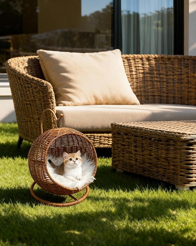 Wicker Cat Bed Indoor & Outdoor, Handwoven PP Rattan Cat Swing Bed with Removable Washable Cushion, Breathable Waterproof Cat House for Cats & Small Dogs (Small–11.4" L × 18.9" H)