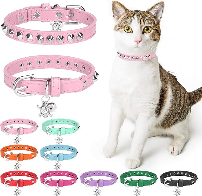 Leather Cat Collars for Boy Girl Cats with Bell and Safety Elastic Belt, Personalized Rivets Stud Adjustable Safe Buckle Collar with Skull Charm for Kitty Small Pets, Halloween Cat Collar
