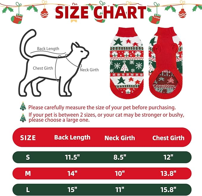 PUPTECK Christmas Cat Sweater, Soft Warm Turtleneck Pet Winter Clothes, Kitten Sweater Apparel, Knitwear Coat for Cats Puppy Outfit Cold Weather Clothes, Red&Green L