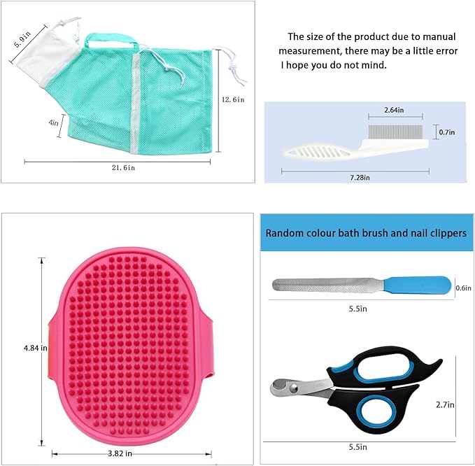 Adjustable Multifunctional Anti-Bite Shower Net, Cat Grooming Mesh Bag, Bath Brush & Nail Clipper (A-Grey)