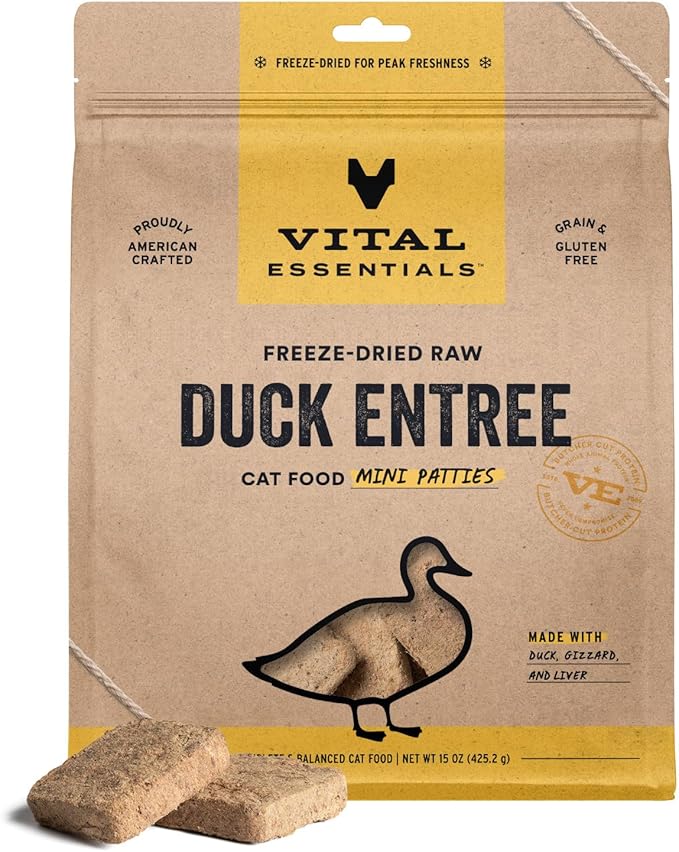 Vital Essentials Freeze Dried Cat Food, Raw Duck Mini Patties | Complete Meal or Topper | Easy to Portion and Rehydrate | High Protein, Grain Free Dry Cat Food |15 oz Bag
