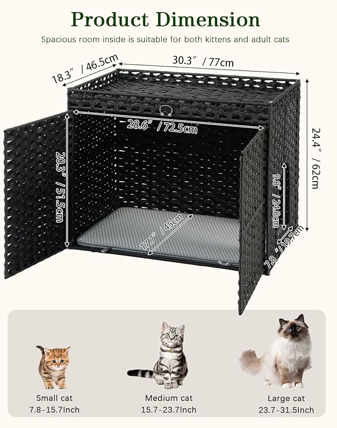 SETVSON Cat Litter Box Enclosure Furniture, Hidden Litter Box, Cat Litter Box Cabinet with 2 Litter Mats, Handwoven Rattan Large Space Cat House, Indoor for Living Room, Bedroom, Apartment Black