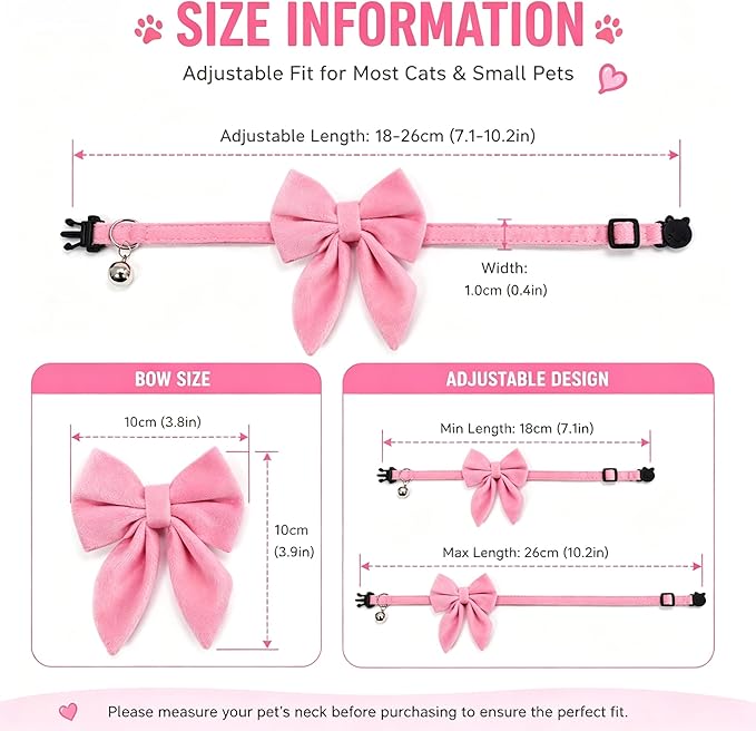 2 Pack Velvet Cat Collar with Bow Tie & Bell – Soft Adjustable Kitten Collar with Breakaway Safety Buckle, Cute Bowknot Collars for Cats & Puppies