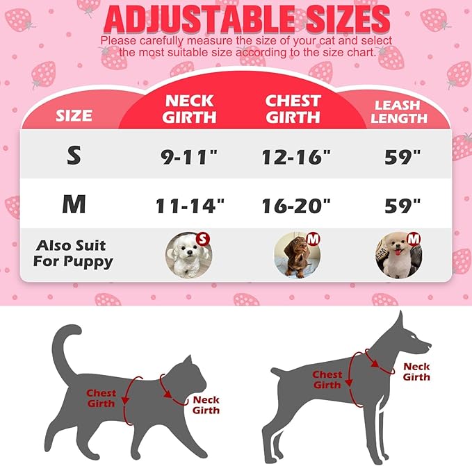EXPAWLORER Escape Proof Cat Harness and Leash Set - Soft Breathable Vest Harness with Adjustable for Kitten Puppy Outdoor Walking Travel, Reflective Harnesses for Small Medium Large Cats, Strawberry M