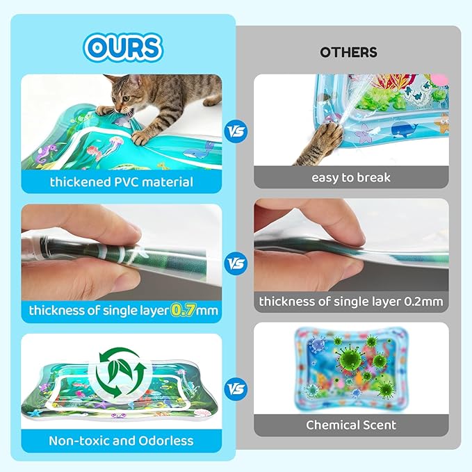 Interactive Cat Toy for indoor Cats, Upgraded Cat Water Mat with Fish, Thickened 0.7mm Cooling & Heating Water Bed Pad, Enrichment Stimulating Water Sensory Play Mat for Bored Adult Kitten Cats