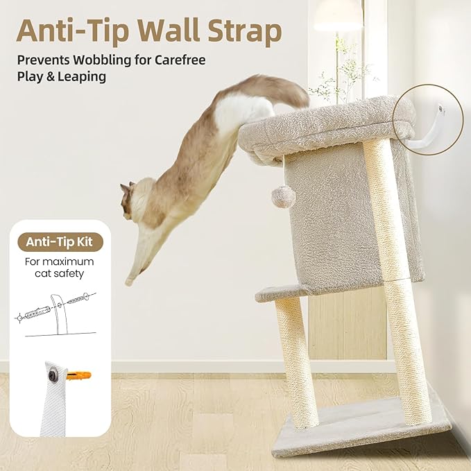 Cat Tree Tower Scratching Post for Indoor Large Cats, Small Cat Tree with Big Perch Bed, 28in Tall Trees House with Condo Cave, Toy Balls, Modern Climbing Furniture Platform for Kitten (Light Gray)