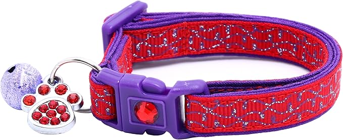 Striped Cat Collar with Bell | Safety Breakaway Collar | Adjustable Large Size or Kitten Collar (Purple on Red Swirls, Small(10lbs & Less))
