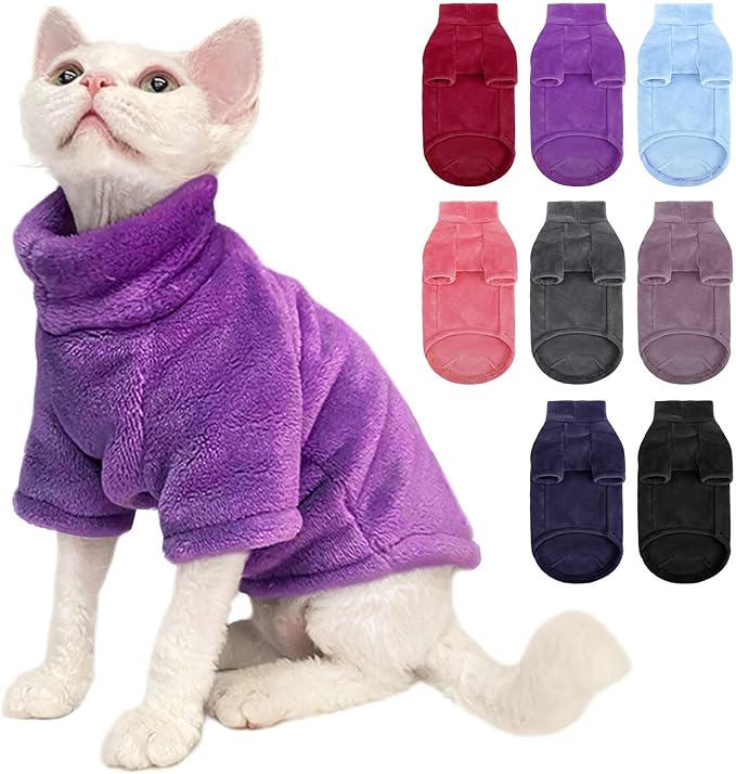 Turtleneck Sweater Coat for Cat, Sphynx Clothes Pajamas for Cats Only, Kitten Fleece Pullover Sweaters with Sleeves, Pet Warm Jumpsuit Sweatshirt for Cold Weather, Dark Purple S