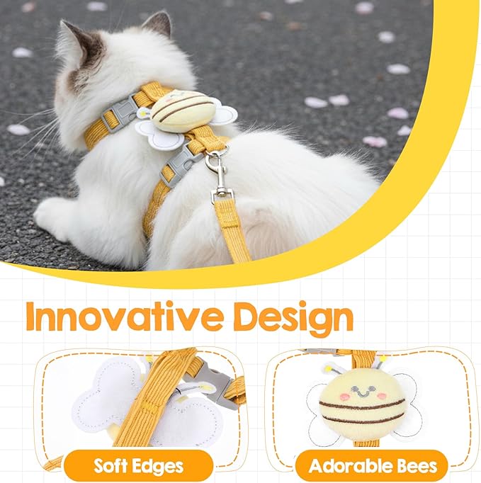 Cat Collar and Leash Set, Yellow Bee Pattern,Escape Proof Adjustable Kitten Harness, Soft Breathable Mesh for Small Cats, Bunnies, Rabbits