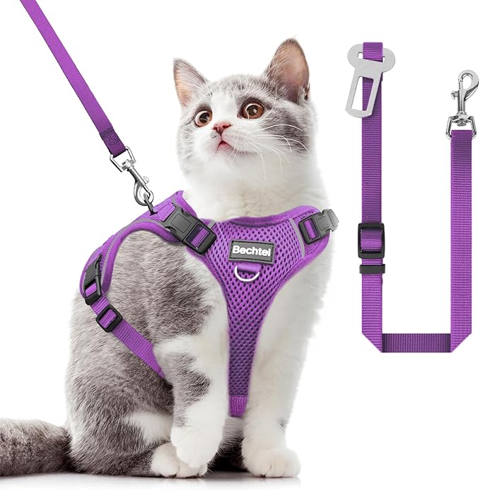 Cat Harness and Leash for Walking, The Upgrade Can be Adjusted in Four Directions and Breathable Cat Harness for Anti Escape that can be Fitted and Positioned, Reflective Strips Harness, Purple,XS