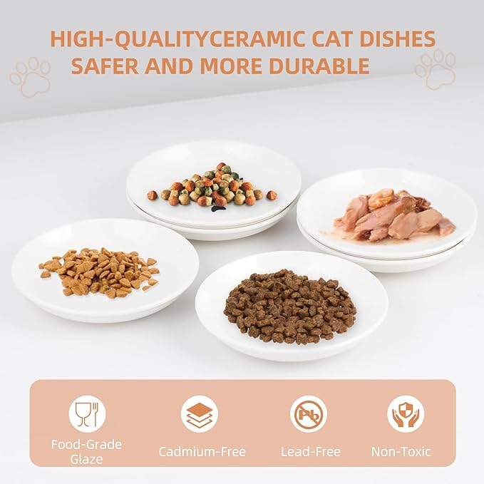 6 Pack Cat Food Bowl, Ceramic Cat Bowls, Anti Whisker Fatigue Cats Bowl Set,5.5 Inches Shallow Wide Kitten Plates for Food and Water (White-D)