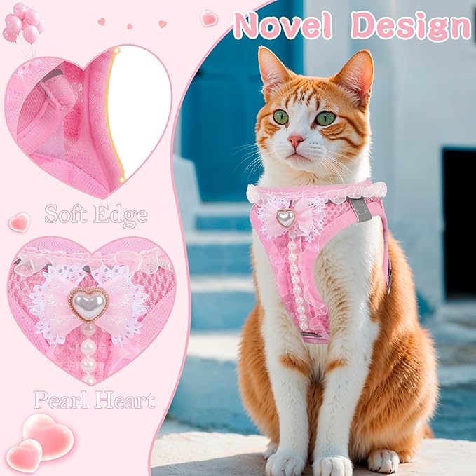 Cat Harness and Leash Set,Escape Proof Adjustable Kitten Harness with Cute Pink Bow,Breathable Reflective Strips Harness for Kitty Puppy Bunny for Walk Travel and Indoor Use (Pink, Small)