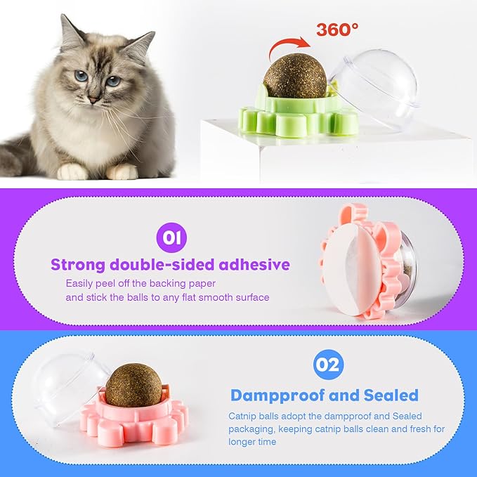 Catnip Balls for Indoor Cats 4 Pack Wall Mounted Rotatable Cat Toys Teeth Cleaning and Stress Relief Adhesive Catnip Stick on Wall Toys Interactive Chew for Kittens Play Entertainment