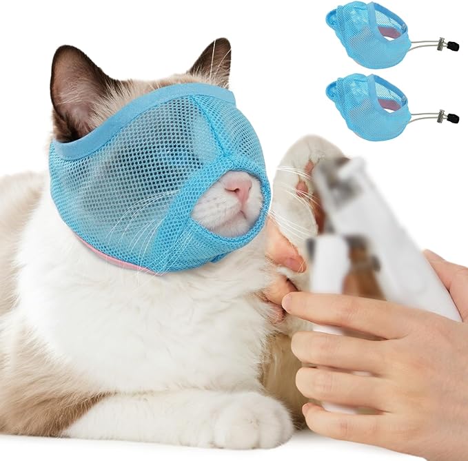 Pezluxe 2pcs Cat Muzzle for Grooming & Nail Trimming, Breathable Mesh Muzzles to Prevent Biting Chewing Scratching, Soft Cat Mouth Guard for Bathing Vet Visits (Blue, L)
