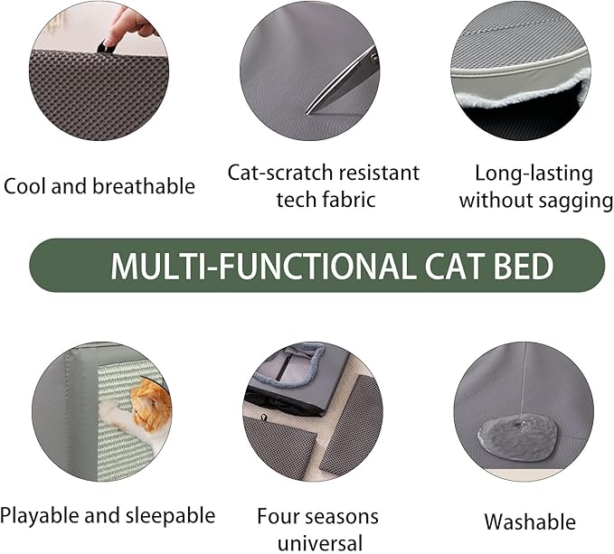 Cat Beds for Indoor Cats, Large Cat Houses with Cozy Condo,with Premium Tech Fabric& Scratch Pad, Round Window, Foldable Indoor Cat House Hold Up to 30LBS, with Reversible Cushion for Multi Small Pet
