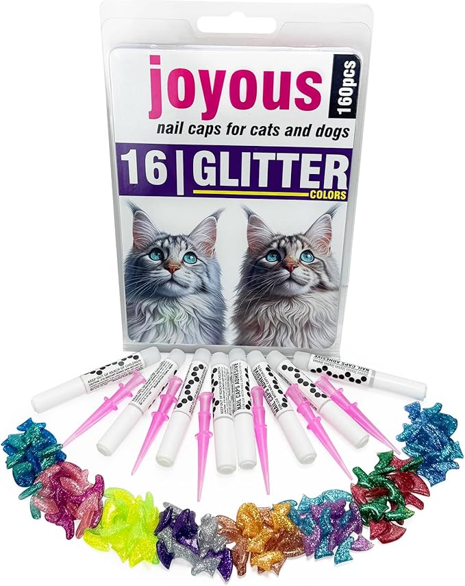 joyous 160pcs Glitter Cat Nail Caps (16 Sparkle Colors), Soft Pet Claw Covers for Kittens, with 8 Adhesives & 16 Applicators - Protects Furniture & Skin, Long-Lasting Anti-Scratch (S)