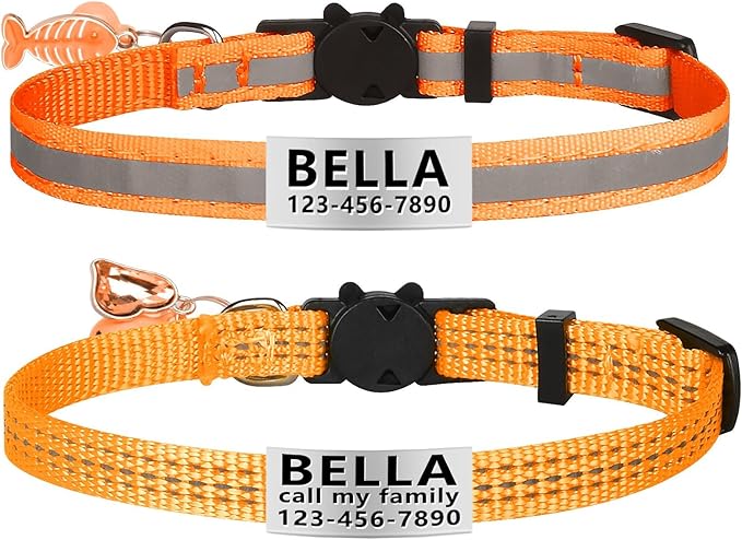 La Reine 2 Pack Cat Collar with Name Tag, Personalized Reflective Cat Collar Breakaway with Bell and Fish Bones and Heart Pendant (Orange)