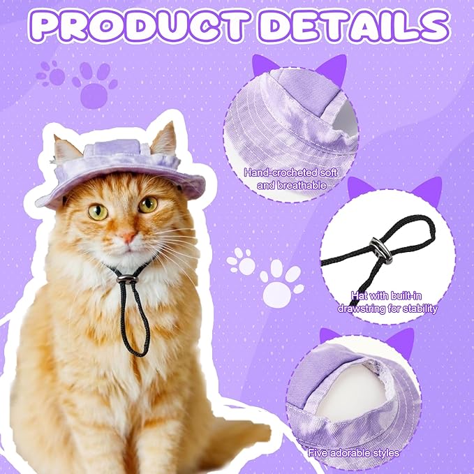 4 Pcs Cat Hats for Cats Only, Cat Sun Hat Sphynx Hat with Ear Hole Kitten Headwear Sun Sombrero Caps Baseball Outdoor Fish
