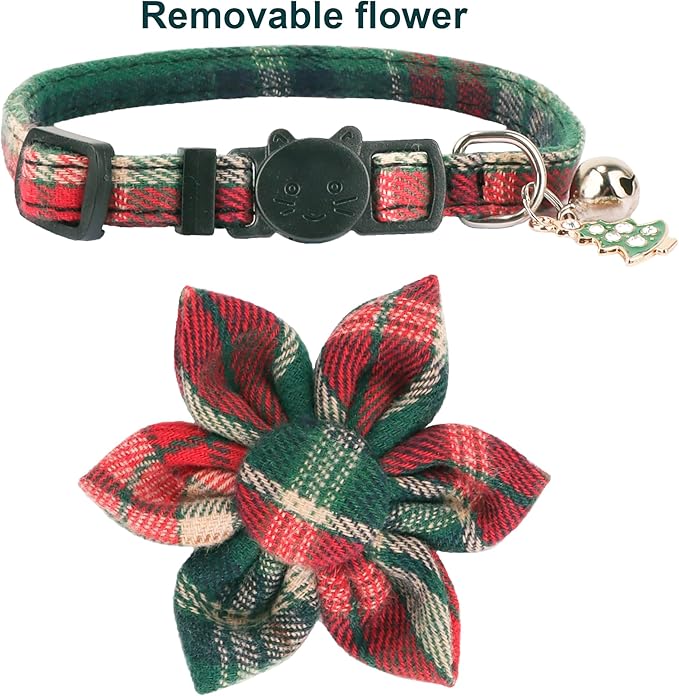ADOGGYGO Christmas Cat Collar with Floral, 2 Pack Xmas Kitten Flower Collar, Red Green Plaid Christmas Collars for Cat Kitten