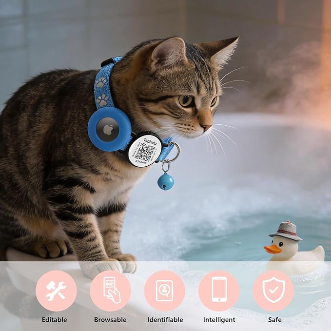 2PCS Breakaway Cat Collars with Bell Cute Adjustable Safe Kitten Collars with Pendant Glow in The Dark,Airtag Holder Cat Collar with Smart ID tag & QR Code Reflective for GPS Boy Girl Cats(Blue)