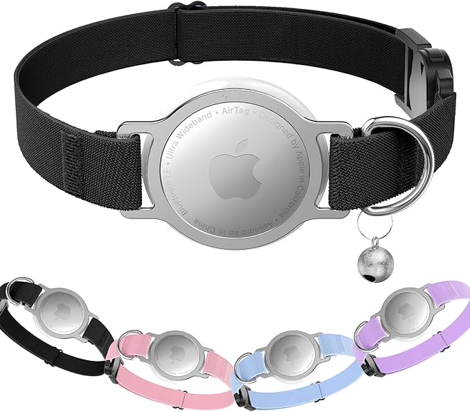 AirTag Cat Collar, Breakaway Air Tag Cat Tracker Collar with Integrated Airtag Holder Compatible with Apple Air Tag, Ultra Elastic & Comfortable Pet Tracking Collars for Cats Kittens (Black)