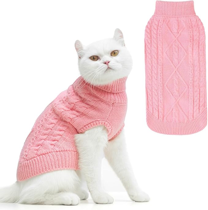 PUPTECK Winter Cat Sweater Coat - Soft Warm Cold Weather Clothes Knitwear for Kittens & Small Dogs Indoor Outdoor Wearing, Knitted Classic for Doggies Kitties Girls Boys, Pink, M