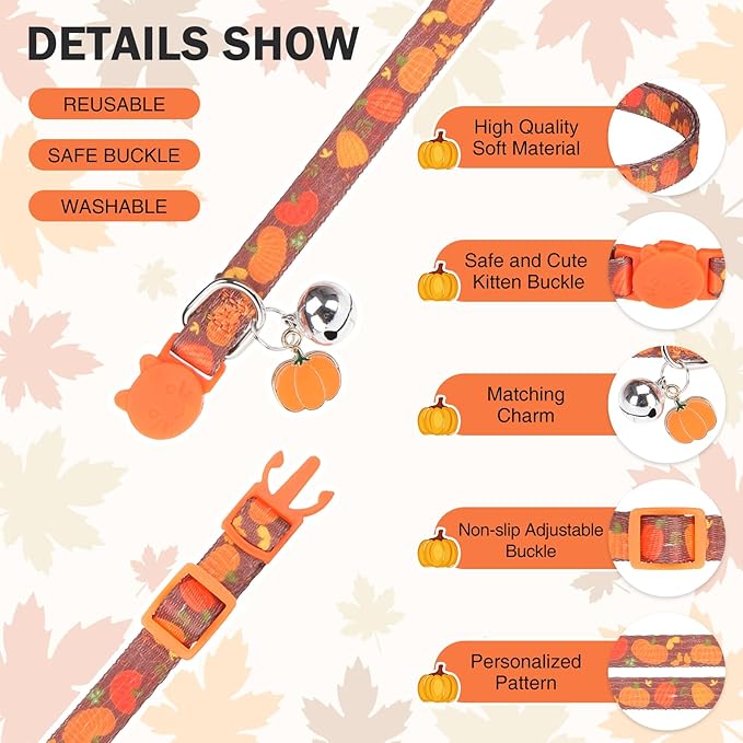 3 Pack Fall Breakaway Cat Collars with Bell & Charm-Thanksgiving Cat Collar for Girl Boy Cats with Safety Buckle- Cute Pumpkin Kitten Collar Adjustable 8"-12" for Kitty Puppy Small Pets