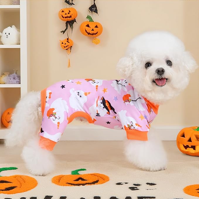 XPUDAC Halloween Ghost Dog Clothes Soft Strechy Puppy Pajamas Doggie Pjs Puppy Onesie Pet Outfits Cat Jumpsuits, 222-XS