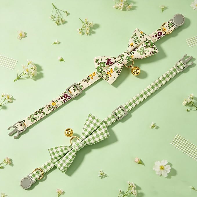 2 Pack Cute Cat Collar with Bow Tie & Bell, Adjustable Green Floral/Gingham Check Kitten Collars with Safety Breakaway Buckle for Cats & Small Dogs(GN Fl+Plaid)
