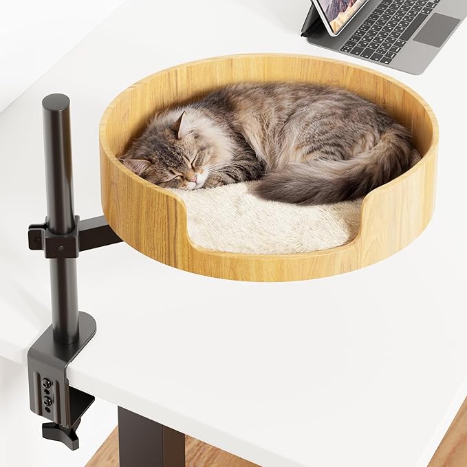 Spacocld Cat Desk Bed – Cat Bed for Indoor Cats with Adjustable Height&360° Rotation, Elevated Desk Cats Beds for Table, Desktop Cat's Hammock for Small Space, Wooden Cat's Bed Desktop Kitten