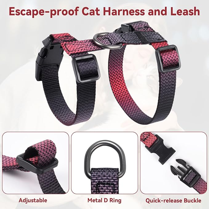Cat Harness and Leash Set, 3-in-1 Escape Proof Adjustable, Comfortable Soft Lightweight, Safe, Easy to Wear, Walking Travel Kitten Harness for Small Medium Cats （Red