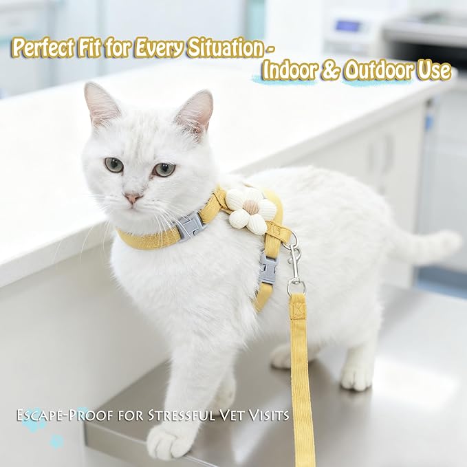 LeLehome Cat Harness and Leash Set Escape Proof Comfortable Lightweight Adjustable Strap for Walking, Travel, Kitten, Puppy, Rabbit (Yellow Flower)