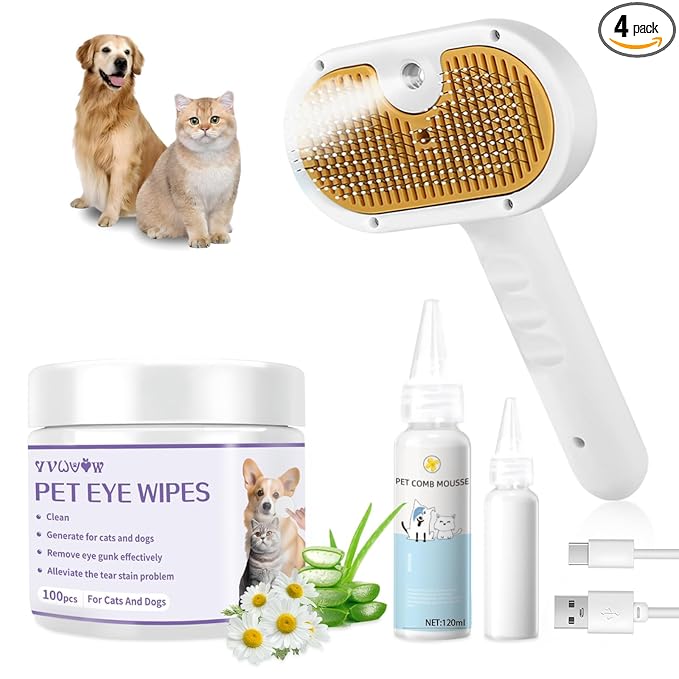 Pet Steam Brush for Dog & Cat – 3-in-1 Spray Hair Removal Comb – Steam for Shedding & Grooming – Water Brush for Long & Short Haired Pets – Spritz Defur Comb – Includes Waterless Shampoo and Eye Wipes